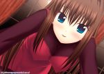  aozaki_aoko bent_over blue_eyes blush brown_hair erect_nipples kakitsubata_tsukune long_hair looking_at_viewer mahou_tsukai_no_yoru pantyhose smile solo 