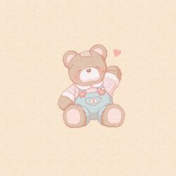  arm_up blue_overalls blue_suspenders blush checkered_clothes checkered_shirt closed_eyes heart highres nekomaru0817 original overalls pastel_colors shirt simple_background sitting solo stitched_arm stitched_face stitches stuffed_animal stuffed_toy teddy_bear white_shirt yellow_background 