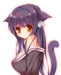  animal_ears bare_shoulders black_hair blush breasts cat_ears cat_tail erect_nipples fang highres long_hair looking_at_viewer orange_eyes original rayn solo tail white_background 