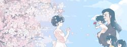 1boy 4girls ^_^ akarinaakari apron black_hair blue_sky character_request cherry_blossoms cherry_tree closed_eyes commentary family father_and_daughter from_side highres husband_and_wife long_hair mother_and_daughter multiple_girls ranma_1/2 short_hair siblings sisters sky tendou_akane tendou_kasumi tendou_nabiki tendou_souun untranslatable_commentary white_apron 