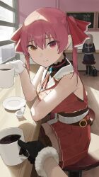  1girl absurdres black_gloves blush breasts cafe closed_mouth coffee coffee_mug commentary_request cup gloves hair_ribbon heterochromia highres holding holding_cup hololive houshou_marine large_breasts looking_at_viewer miya_illuster mug pov red_eyes red_hair ribbon skirt smile solo_focus thigh-highs twintails upper_body virtual_youtuber white_gloves yellow_eyes 