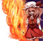  fire flandre_scarlet hat looking_at_viewer mizuga red_eyes sharp_teeth smile solo touhou 