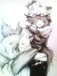  bad_id coco_maru dress fox_tail hands_in_sleeves hat hat_with_ears monochrome multiple_tails ofuda short_hair solo tabard tail touhou wide_sleeves yakumo_ran 