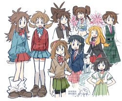 6+girls blue_eyes bow brown_hair crossover desegnajo649 everyone gloria_(pokemon) hikari_(pokemon) hilda_(pokemon) leaf_(pokemon) long_hair long_sleeves may_(pokemon) missing_headwear multiple_girls pokemon pokemon_bw2 pokemon_dppt pokemon_frlg pokemon_oras pokemon_sm pokemon_swsh pokemon_usum pokemon_xy rosa_(pokemon) school_uniform selene_(pokemon) serafuku serena_(pokemon) short_hair skirt smile thigh-highs twintails 
