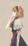  alice_margatroid blonde_hair capelet dress hairband profile red_eyes sash short_hair simple_background solo sun-3 touhou 