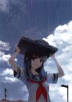  1girl absurdres arms_up black_eyes black_hair highres huge_filesize lamppost long_hair parted_lips rain school_briefcase school_uniform see-through_silhouette serafuku sky solo telephone_pole wet wet_clothes wet_hair 