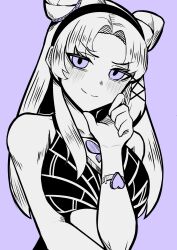  absurdres braid bubblebebe bun_with_braided_base cosplay crop_top double_bun hair_bun hand_on_own_face heart_bracelet highres indie_virtual_youtuber jojo_no_kimyou_na_bouken kujo_jolyne kujo_jolyne_(cosplay) long_hair monochrome silva_arts simple_background violet_eyes virtual_youtuber white_hair 