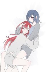  2girls between_legs blue_camisole blue_hair camisole closed_eyes closed_mouth commentary_request fu_yurii hand_on_another's_head highres hug long_hair multiple_girls original red_hair shirt shorts simple_background smile violet_eyes white_background white_shirt white_shorts yuri 