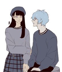  1boy 1girl alternate_costume artist_name black_pants blue_eyes blue_hair blunt_bangs blush chonkizinowi couple english_commentary expressionless from_side hair_between_eyes hat hetero highres holding_hands hyuuga_hinata long_hair long_sleeves looking_at_viewer looking_to_the_side naruto:_the_last naruto_(series) no_pupils ootsutsuki_toneri open_mouth pants purple_hair shy simple_background sitting sketch skirt standing straight_hair sweater upper_body violet_eyes white_background 