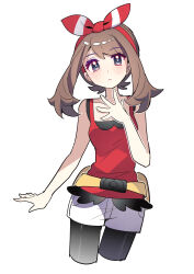  1girl absurdres bare_shoulders bike_shorts bike_shorts_under_shorts blue_eyes blush bow_hairband breasts brown_hair closed_mouth collarbone fanny_pack frown hairband highres long_hair looking_at_viewer may_(pokemon) pokemon pokemon_oras red_shirt shirt shocho_(shaojiujiu) shorts shorts_under_shorts simple_background sleeveless solo white_background white_shorts 