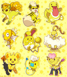  :3 altaria alternate_color azumarill closed_eyes closed_mouth color_connection commentary drifloon english_commentary fangs full_body growlithe jangmo-o kaceymeg lickitung long_tongue magikarp merchandise_available no_humans nostrils pokemon pokemon_(creature) pokemon_focus shinx shiny_pokemon smile sparkle standing standing_on_one_leg star_(symbol) star_symbol_background tongue tongue_out vulpix yellow_theme 