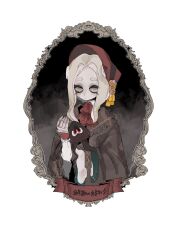  1girl alternate_species ascot bloodborne bonnet brown_capelet capelet commentary_request doll doll_joints eyelashes grey_eyes grey_hair highres hunter_(great_one)_(bloodborne) inkling joints looking_at_viewer melo_(_suzume_o_) octoling plain_doll portrait_(object) red_ascot red_bonnet red_eyes splatoon_(series) splatoonification squid translation_request white_background 