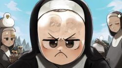  >_< 5girls :< :d basket bird blonde_hair brown_eyes brown_hair cat chicken closed_eyes clumsy_nun_(diva) commentary diva_(hyxpk) duck duck_on_head english_commentary forehead frog froggy_nun_(diva) highres little_nuns_(diva) multiple_girls nervous_sweating nose_bubble nun reflection sheep_nun_(diva) shiny_forehead smile spicy_nun_(diva) star_nun_(diva) star_ornament sunglasses sweat traditional_nun tree yellow_eyes 