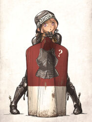  1girl ? armor commentary ebenholz_(ironlily) english_commentary helmet highres ironlily latin_text looking_at_viewer no_pupils open_mouth original pavise pink_eyes pink_hair shield simple_background solo 