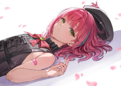  1girl armpit_crease bandaid bandaid_on_arm beret black_hat black_shirt bow bowtie brooch center_frills commentary dutch_angle falling_petals frilled_shirt frills from_side gem hair_spread_out hanako_nana hand_up hat highres jewelry looking_at_viewer looking_to_the_side lunacle lying medium_hair multicolored_hair on_back parted_lips petals peto_(hanako_nana) pink_bow pink_bowtie pink_hair shirt sleeveless sleeveless_shirt solo stellive streaked_hair turning_head untranslatable_commentary upper_body virtual_youtuber white_background white_mouth yellow_gem 