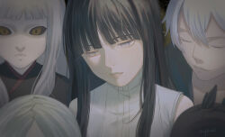  1boy 3girls ayomi bare_shoulders black_hair blunt_bangs closed_eyes closed_mouth commentary expressionless grey_hair hair_between_eyes head_tilt highres hyuuga_hinata long_hair looking_down looking_to_the_side multicolored_eyes multiple_girls multiple_others naruto:_the_last naruto_(series) no_pupils ootsutsuki_toneri purple_hair shade sleeping sleeveless solo_focus straight_hair upper_body violet_eyes white_hair 