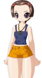  1girl 2000s_(style) blue_camisole breasts brown_hair camisole closed_mouth collarbone cowboy_shot game_cg hair_ornament hairclip jewelry kenki_fujioka large_variant_set looking_at_viewer lowres majo_no_ochakai necklace non-web_source official_art parted_bangs short_hair short_shorts shorts simple_background small_breasts smile solo standing tachi-e thighs transparent_background tsurime variant_set violet_eyes yellow_shorts yuuhi_megumi_(majo_no_ochakai) 