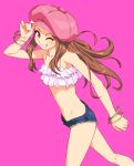  blush bracelet brown_eyes brown_hair cabbie_hat cozy grin hand_on_hat hat idolmaster idolmaster_2 jewelry long_hair minase_iori navel pink_background short_shorts shorts simple_background smile solo wink 