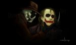  2boys batman_(series) card crossover dc_comics expressionless fedora formal glasgow_smile gloves green_hair hand_on_another&#039;s_face hat joker knife lestat_danyael makeup mask multiple_boys playing_card rorschach signature suit the_joker trench_coat watchmen watermark 