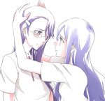  blush eye_contact glasses head_hold heartcatch_precure! kurumi_momoka long_hair looking_at_another multiple_girls panmi precure purple_hair school_uniform tsukikage_yuri yuri 