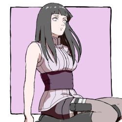  1girl black_boots black_hair black_shorts boots border breasts closed_mouth highres hyuuga_hinata knee_boots long_hair looking_at_viewer naruto:_the_last naruto_(series) outside_border purple_background shirt shorts sleeveless sleeveless_shirt solo uri_geikon violet_eyes white_border 