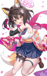 1girl absurdres animal_ear_fluff animal_ears blue_archive breasts brown_hair commentary eyeshadow fang fishnet_thighhighs fishnets fox_ears fox_girl fox_hair_ornament fox_tail halo highres izuna_(blue_archive) kawtorikomi kunai looking_at_viewer makeup open_mouth pink_eyeshadow scarf school_uniform serafuku shirt shoes short_hair single_thighhigh skirt sleeveless smile solo tail thigh-highs weapon white_background yellow_eyes 