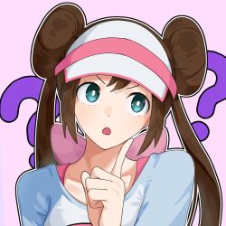  ? blue_eyes blue_shirt brown_hair chestnut_mouth commentary double_bun finger_to_own_chin hair_bun hat highres mikan_ame9 open_mouth pokemon pokemon_bw2 purple_background rosa_(pokemon) shirt solo two-tone_shirt untranslatable_commentary white_hat white_shirt 