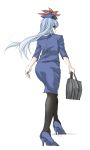  bag belted belted_dress blue_hair clasped_dress constrained_dress cramped_dress formal girded_dress hat high_heels highres hmx99_elf jammed_dress kamishirasawa_keine long_hair pantyhose pinched_dress pressed_dress red_eyes ribboned_dress shoes skirt_suit slinky_dress snug_dress solo suit tight_dress touhou 