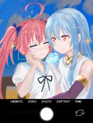  blue_hair hug long_hair milim_nava non-web_source red_hair rimuru_tempest side_ponytail sky slime_(creature) tensei_shitara_slime_datta_ken viewfinder yuri 