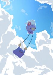  absurdres amazora_owl_02 blue_sky blush closed_eyes closed_mouth clouds commentary_request ditto drifloon flower flying highres holding no_humans open_mouth outdoors pokemon pokemon_(creature) pokemon_focus pokemon_pokopia sky smile 