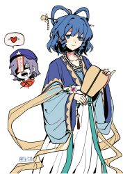  2girls absurdres blue_dress blue_eyes blue_hair chisel commentary_request dress drill_hair drill_sidelocks hagoromo hair_ornament hair_rings hair_stick hand_fan heart highres jewelry jiangshi kaku_seiga miyako_yoshika multiple_girls necklace ofuda open_mouth pearl_necklace rryy shaded_face shawl sidelocks simple_background touhou white_background 