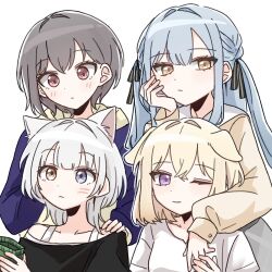  4girls animal_ears at_09098 bang_dream! bang_dream!_it's_mygo!!!!! black_ribbon black_shirt blonde_hair blue_eyes blue_hair brown_eyes brown_shirt cat_ears cat_girl closed_mouth commentary dog_ears dog_girl grey_hair hair_between_eyes hair_ribbon heterochromia highres kaname_raana kemonomimi_mode long_hair medium_hair misumi_uika multiple_girls one_eye_closed raana_the_cat ribbon shirt short_hair sidelocks simple_background takamatsu_tomori togawa_sakiko untranslatable_commentary violet_eyes white_background white_hair white_shirt yellow_eyes 