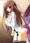  ass brown_hair canopy_bed copyright_request frills garter_belt hair_ribbon highres inugami_kira lace lace-trimmed_thighhighs mouth_hold no_panties purple_eyes ribbon thigh-highs thighhighs undressing violet_eyes 