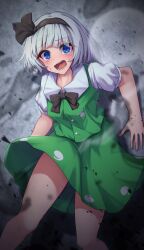  1girl against_wall black_bow black_bowtie black_hairband blue_eyes blunt_bangs blush bob_cut bow bowtie breasts clothes_lift collared_shirt commentary_request cowboy_shot green_skirt green_vest hairband highres konpaku_youmu konpaku_youmu_(ghost) medium_breasts medium_hair medium_skirt open_mouth scared shirt short_sleeves skirt skirt_lift skirt_set solo tearing_up teeth tongue touhou vest white_hair white_shirt wind wind_lift wing_collar yosshy 