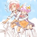  bicycle blush bow closed_eyes eyes_closed hair_bow hair_ornament hairclip hino_akane hoshizora_miyuki hug hug_from_behind multiple_girls open_mouth pink_hair ponytail precure red_hair redhead riding sanpatisiki school_uniform short_hair sketch sleeves_rolled_up smile smile_precure! translated translation_request 