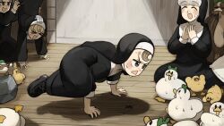  >_< 4girls :d baby_animal bird black_shoes blonde_hair brown_eyes brown_hair chicken clumsy_nun_(diva) commentary diva_(hyxpk) duck duckling english_commentary freckles frog frog_headband froggy_nun_(diva) grey_hair highres hungry_nun_(diva) little_nuns_(diva) multiple_girls nun ostrich rock sheep_nun_(diva) shoes smile sweat traditional_nun triangle_mouth 