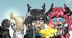  4girls :3 arknights arknights:_endfield black_gloves black_hair black_jacket blonde_hair blue_eyes chen_qianyu_(arknights) crying crying_with_eyes_open demon_horns dragon_girl dragon_horns endministrator_(arknights) female_endministrator_(arknights) gloves highres horns jacket looking_at_another multiple_girls open_clothes open_jacket perlica_(arknights) pink_hair simple_background tears vivi_endfield white_jacket wings yvonne_(arknights) 