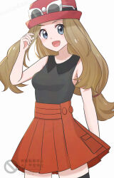  1girl :d aoneko4ao_(edwf7745) black_thighhighs brown_hair collared_shirt commentary cowboy_shot eyewear_on_headwear grey_eyes hand_up happy hat long_hair looking_at_viewer open_mouth pleated_skirt pokemon pokemon_xy red_hat red_skirt serena_(pokemon) shirt simple_background skirt sleeveless sleeveless_shirt smile solo sunglasses thigh-highs watermark white_background 