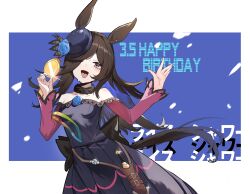  1girl absurdres animal_ears bare_shoulders black_bow black_hair black_tail blue_dress blue_flower blush border bow breasts commentary_request dagger dated dress dress_bow flipped_hair flower hair_over_one_eye hands_up happy_birthday hat hat_flower highres horse_ears horse_girl horse_tail knife knife_sheath long_hair looking_at_viewer medallion off-shoulder_dress off_shoulder open_mouth outside_border pink_sleeves rice_shower_(rosy_dreams)_(umamusume) rice_shower_(umamusume) sheath small_breasts smile solo sweat tail tilted_headwear umamusume violet_eyes waving weapon white_border yin_lan- 