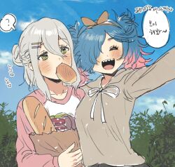  2girls alternate_costume bag baguette blue_hair bread contemporary ddomy_pangin effie_(fire_emblem) fire_emblem fire_emblem_fates food green_eyes grey_hair grocery_bag multiple_girls open_mouth peri_(fire_emblem) pink_hair sharp_teeth shopping_bag smile speech_bubble teeth translation_request twintails 