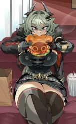  1girl burger caesar_king_(zenless_zone_zero) eating hamburger long_hair zenless_zone_zero 