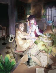  2girls absurdly_detailed_composition absurdres alder bed bedroom black_hair blue_eyes book book_stack bookshelf bottle bow braid braided_bun brown_hair bun_with_braided_base chair closed_eyes columbina_(genshin_impact) cookie cup curtains desk desk_lamp drawer dress english_commentary eye_mask feeding flower food fork genshin_impact hair_bun hair_flaps hair_ribbon highres holding holding_fork in_container indoors inkwell lamp lampshade loaded_interior long_hair long_sleeves mask multicolored_hair multiple_girls nightgown open_mouth pen picture_frame plant plate potted_plant purple_hair purple_streaks quill ribbon sandrone_(genshin_impact) saucer see-through_clothes see-through_mask shelf short_hair short_hair_with_long_locks sidelocks sitting smile streaked_hair table tea teacup two-tone_hair very_long_hair white_dress white_mask window wrist_bow x-shaped_eyewear 