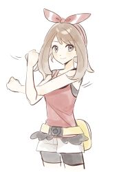  1girl bike_shorts bike_shorts_under_shorts black_shorts bow bow_hairband brown_hair closed_mouth cross-body_stretch fanny_pack grey_eyes hairband highres looking_at_viewer may_(pokemon) pokemon pokemon_oras red_bow red_hairband red_shirt sanyou_(dustb_nny) shirt shorts sleeveless sleeveless_shirt smile solo stretching white_background white_shorts 