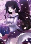  absurdres black_hair cherry_blossoms copyright_request dress highres karory long_hair purple_eyes tree violet_eyes wind_lift 