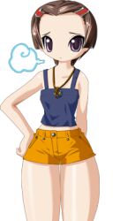  1girl 2000s_(style) blue_camisole breasts brown_hair camisole closed_mouth collarbone cowboy_shot game_cg hair_ornament hairclip hand_on_own_hip jewelry kenki_fujioka large_variant_set looking_at_viewer lowres majo_no_ochakai necklace non-web_source official_art parted_bangs raised_inner_eyebrows short_hair short_shorts shorts sigh simple_background small_breasts solo standing tachi-e thighs transparent_background tsurime variant_set violet_eyes yellow_shorts yuuhi_megumi_(majo_no_ochakai) 