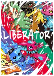  absurdres black_background blue_background border button_eyes buttons digimon digimon_(creature) digimon_card_game digimon_liberator diti_(selecta) dragon elizamon ghost ghostmon green_background group_picture highres horns lizard no_humans pteromon purple_background red_background red_horns sangomon shoemon shoes single_horn sunarizamon white_border yellow_background yellow_eyes 