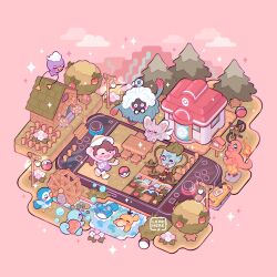  1girl artist_name berry_(pokemon) building bulbasaur charmander commentary drifloon female_protagonist_(pokemon_pokopia) fence fire grass highres lamppost leaphere marill minccino picnic_table piplup poke_ball poke_ball_(basic) pokemon pokemon_center psyduck sapling sparkle squirtle stairs star_(symbol) stool table tangrowth tree water water_wheel 