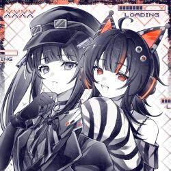  2girls :d ahoge animal_ear_headphones animal_ears artist_request black_choker black_gloves black_hair black_hat black_nails blunt_bangs cat_ear_headphones cat_ears chinese_commentary choker commentary_request commission fake_animal_ears gloves grey_eyes hand_up hat headphones highres kurobe_nanoka loading_icon long_hair long_sleeves looking_at_viewer mahou_shoujo_no_majo_saiban medium_hair multicolored_hair multiple_girls nail_polish neck_ribbon open_mouth orange_eyes orange_nails progress_bar ribbon sawatari_coco second-party_source sharp_teeth sleeves_past_wrists smile streaked_hair striped_sleeves teeth twintails upper_body 