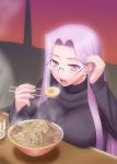  blush bowl breast_rest breasts chopsticks eating egg fate/stay_night fate_(series) glasses highres large_breasts long_hair long_sleeves open_mouth purple_eyes purple_hair rider siseru_samurai solo steam sweater violet_eyes 