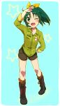  ;o aqua_background arm_up boots fujisaki_(hjsk) green_eyes green_hair midorikawa_nao precure shirt short_hair shorts smile smile_precure! solo star wink 